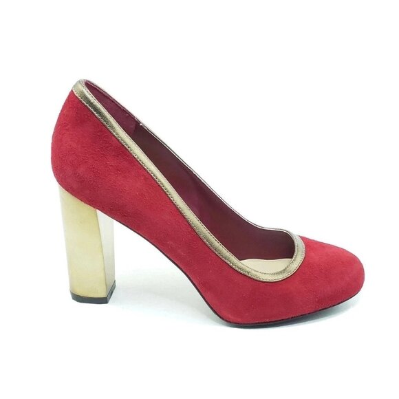 Cole Haan Edie High Party Pump Womens Red Suede Gold Trim Heels Size 8B - Picture 11 of 11